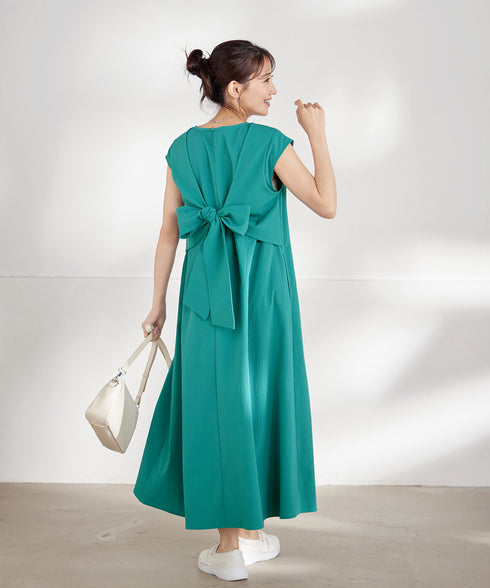 ウエストリボンフレンチスリーブマキシワンピース