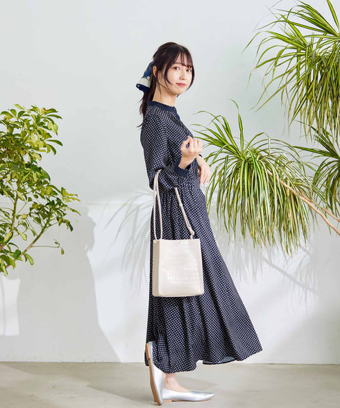 【新色追加】配色バンドカラー幾何学柄ワンピース