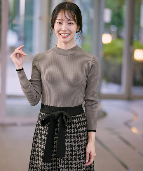 【アウトレット】千鳥柄ニットプリーツワンピース