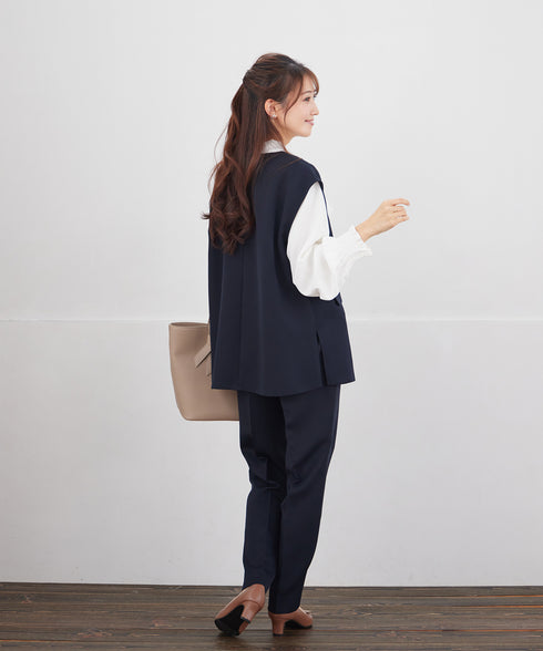 【ブラウス&ベスト&パンツ3点セット】リボンタイブラウス+ベスト付き 3点セットアップ