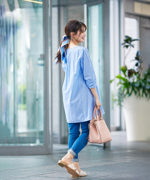 【アウトレット】リボンスリーブストライプチュニックブラウス