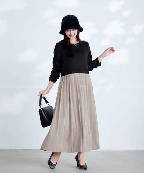 肩ビジュー裏起毛ドッキングワンピース