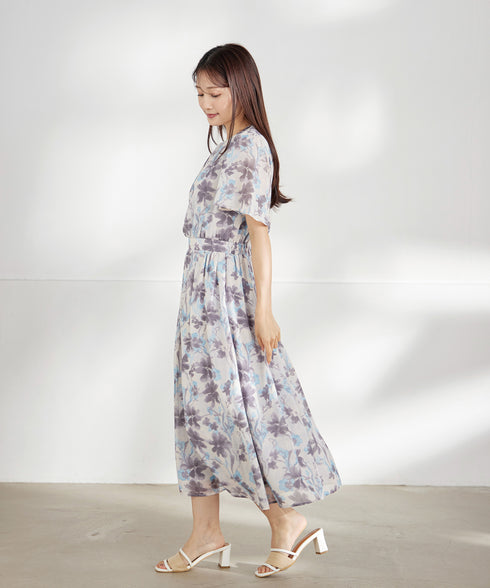 大花柄シフォンワンピース