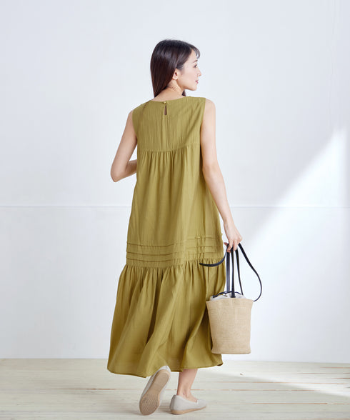 【小倉優子さん着用・洗える・XSサイズ】麻調ピンタックロングワンピース