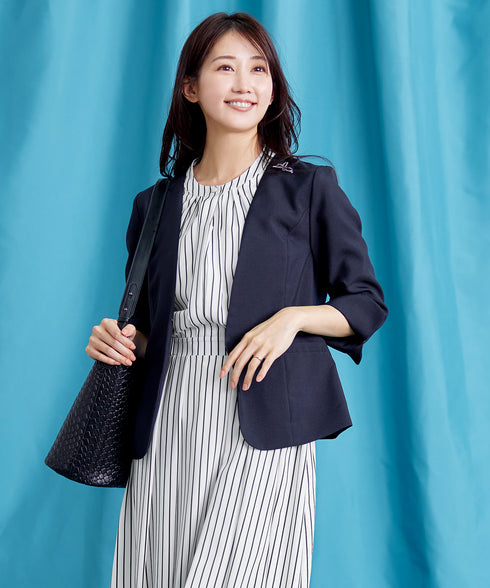 【2WAY】バンドカラーストライプリボンワンピース