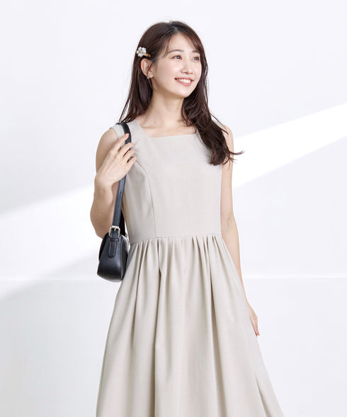 【アウトレット】麻調スクエアネックワンピース