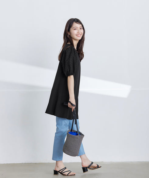 【2TYPE/総レース・袖レース】パンチングレースパフスリーブチュニックブラウス