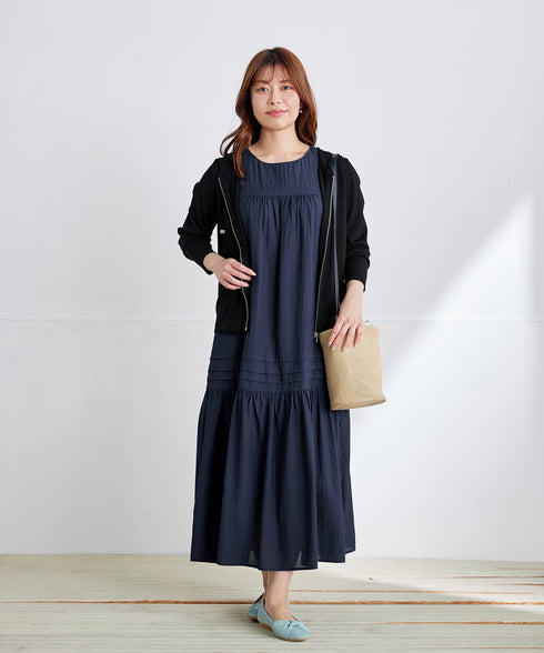 【小倉優子さん着用・洗える・XSサイズ】麻調ピンタックロングワンピース