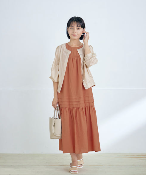 【洗える】麻調ピンタックロングワンピース