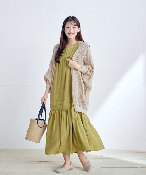 【小倉優子さん着用・洗える・XSサイズ】麻調ピンタックロングワンピース