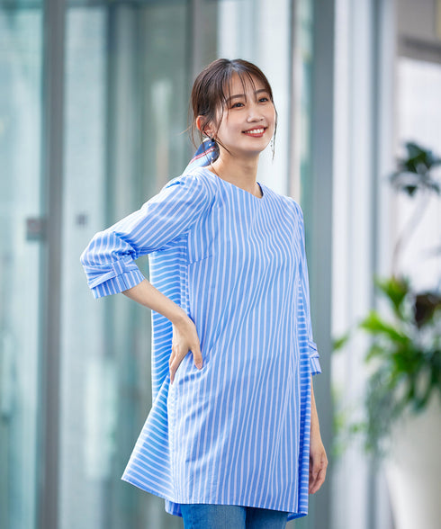 【アウトレット】リボンスリーブストライプチュニックブラウス