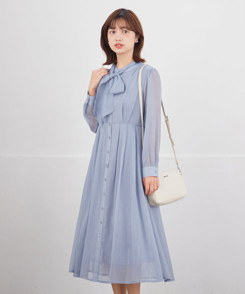 【2WAY取り外しリボン付き】リボンタイラメシフォンワンピース