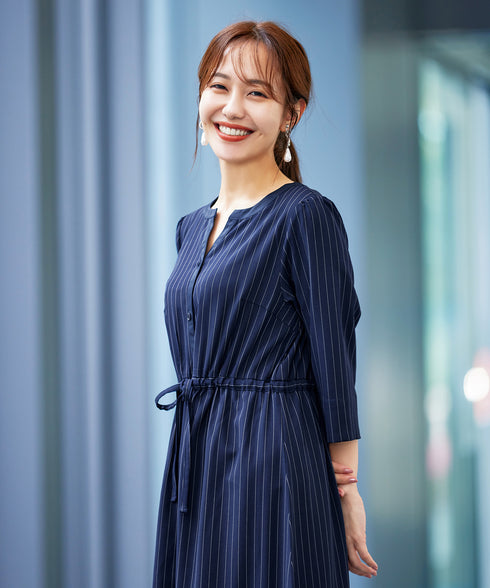 【新色追加】配色キーネックストライプワンピース