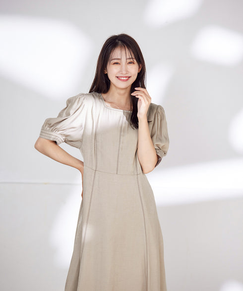 【アウトレット】パフスリーブ配色ステッチワンピース