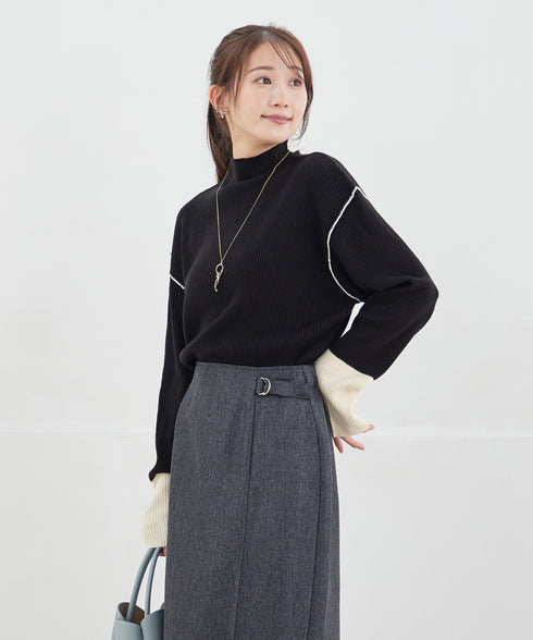 配色スリーブリブニットトップス