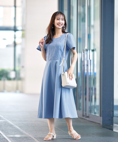 【アウトレット】フレアスリーブレースコンビワンピース
