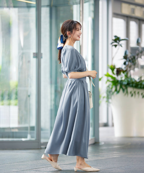 【アウトレット】麻調ギャザーフレアワンピース