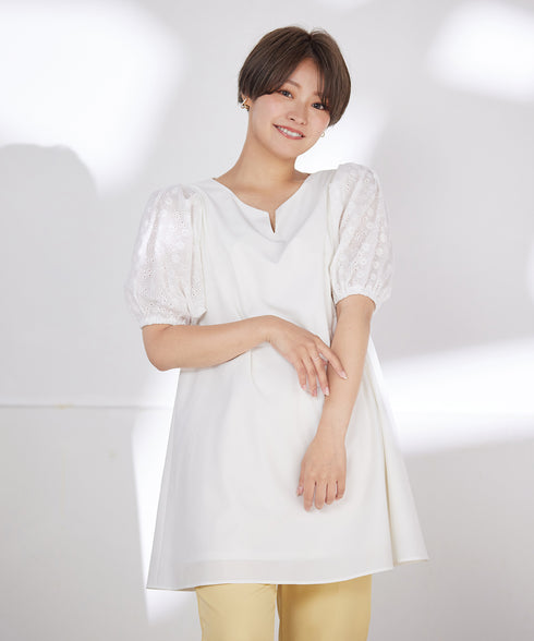 【2TYPE/総レース・袖レース】パンチングレースパフスリーブチュニックブラウス