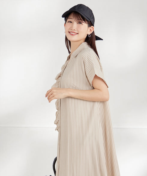 ストライプフリルシャツワンピース