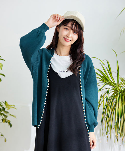 【アウトレット】パール付きパフスリーブカーディガン