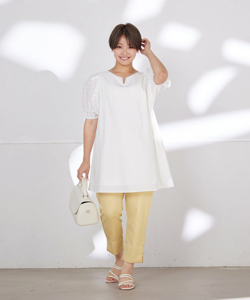 【2TYPE/総レース・袖レース】パンチングレースパフスリーブチュニックブラウス