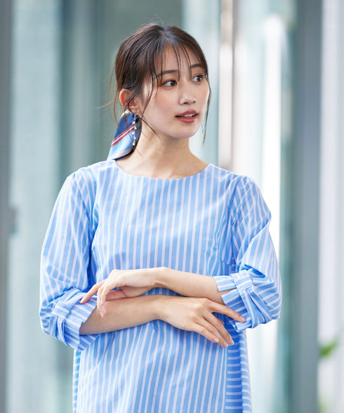 【アウトレット】リボンスリーブストライプチュニックブラウス