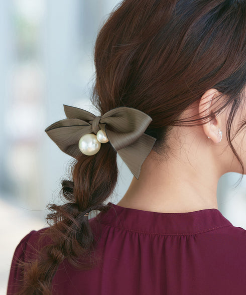 パール付きシャンタンリボンヘアゴム