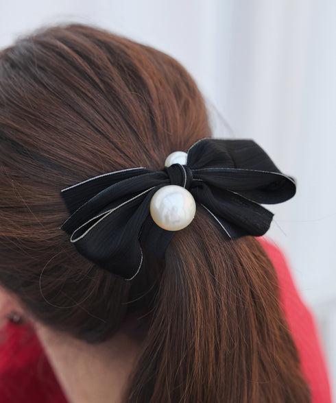 パール付きシャンタンリボンヘアゴム