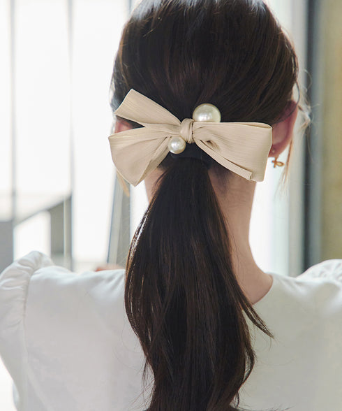 パール付きシャンタンリボンヘアゴム