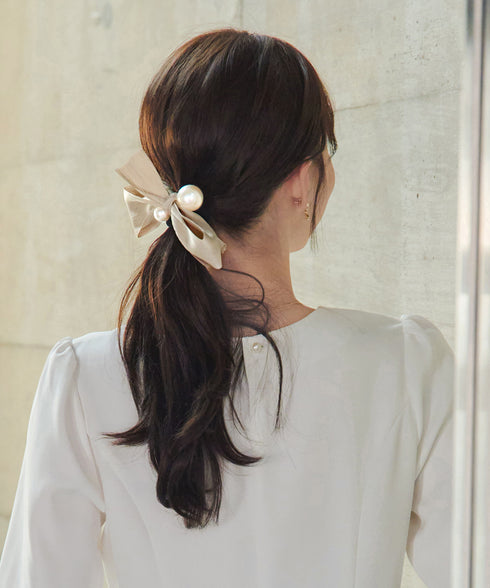 パール付きシャンタンリボンヘアゴム