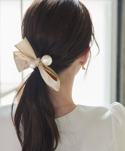 パール付きシャンタンリボンヘアゴム
