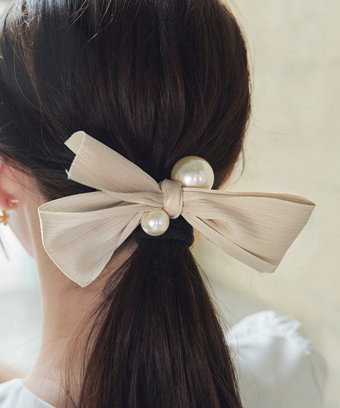 パール付きシャンタンリボンヘアゴム