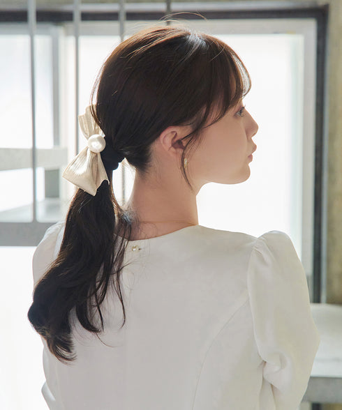 パール付きシャンタンリボンヘアゴム