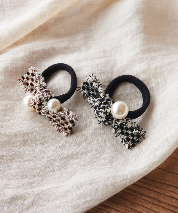 パール×ツイードリボンヘアゴム