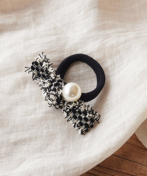 パール×ツイードリボンヘアゴム