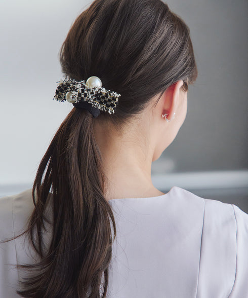 パール×ツイードリボンヘアゴム