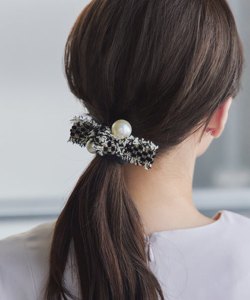 パール×ツイードリボンヘアゴム
