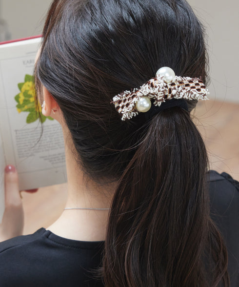 パール×ツイードリボンヘアゴム