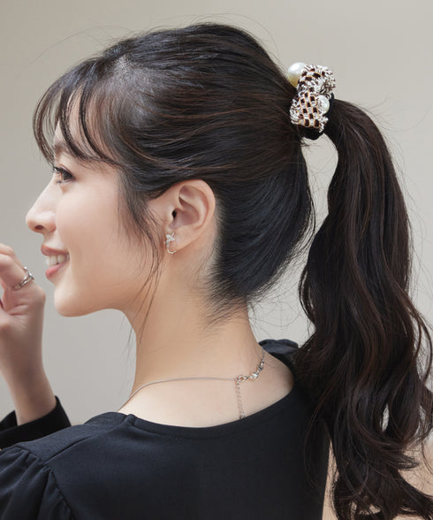 パール×ツイードリボンヘアゴム