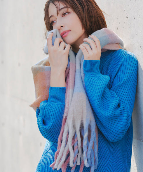 【安田美沙子さん着用】大判チェックシャギーマフラー