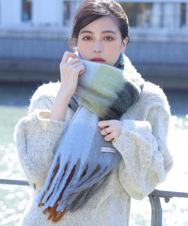 大判チェックシャギーマフラー