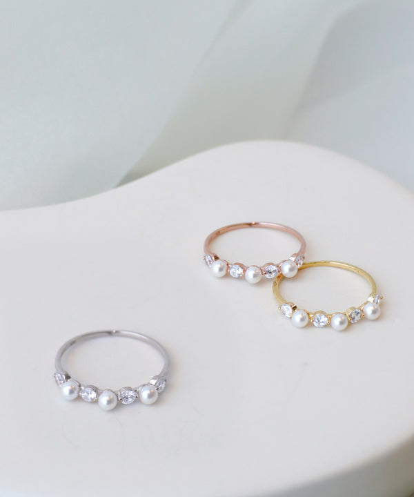 3粒パール&ストーンリング
