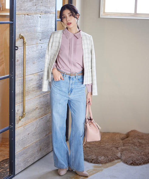 襟刺繍ピンタックブラウス