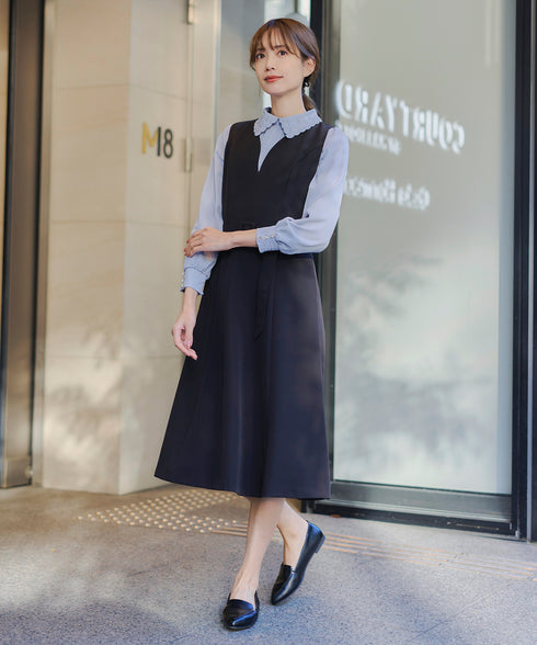 襟刺繍ピンタックブラウス