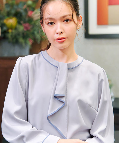 【2WAY】取り外し可能な配色パイピングボウタイブラウス