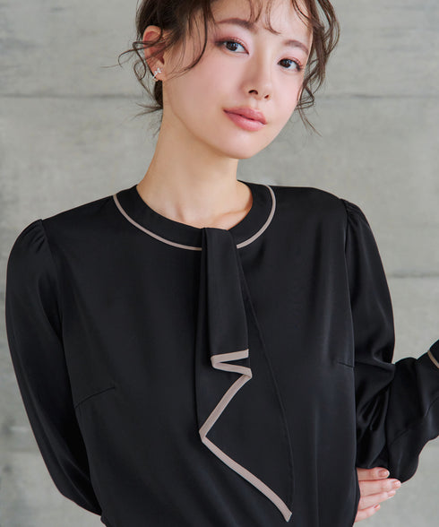【2WAY】取り外し可能な配色パイピングボウタイブラウス