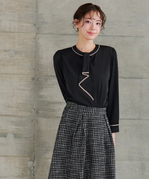 【2WAY】取り外し可能な配色パイピングボウタイブラウス