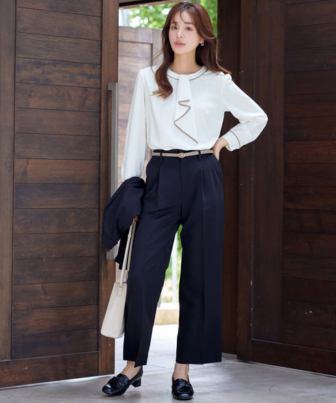 【2WAY】取り外し可能な配色パイピングボウタイブラウス