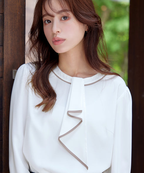 【2WAY】取り外し可能な配色パイピングボウタイブラウス