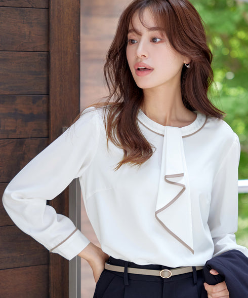 【2WAY】取り外し可能な配色パイピングボウタイブラウス